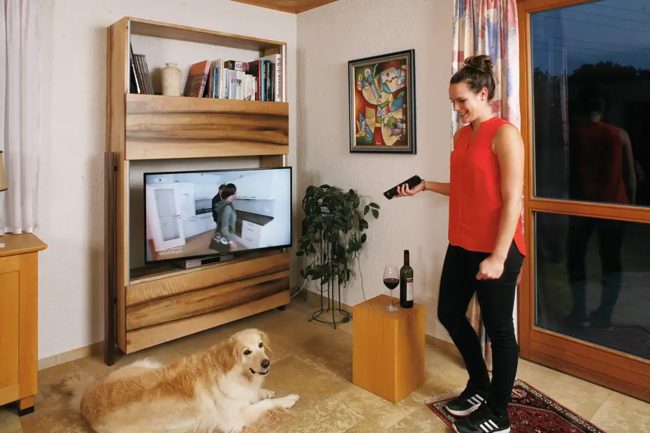 TV-Möbel mit synchronsierten Vertikal-Schiebtüren TV-Möbel mit synchronsierten Vertikal-Schiebtüren