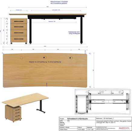 Fertigungszeichnung des höhenverstellbaren Schreibtischs aus Massivholz 