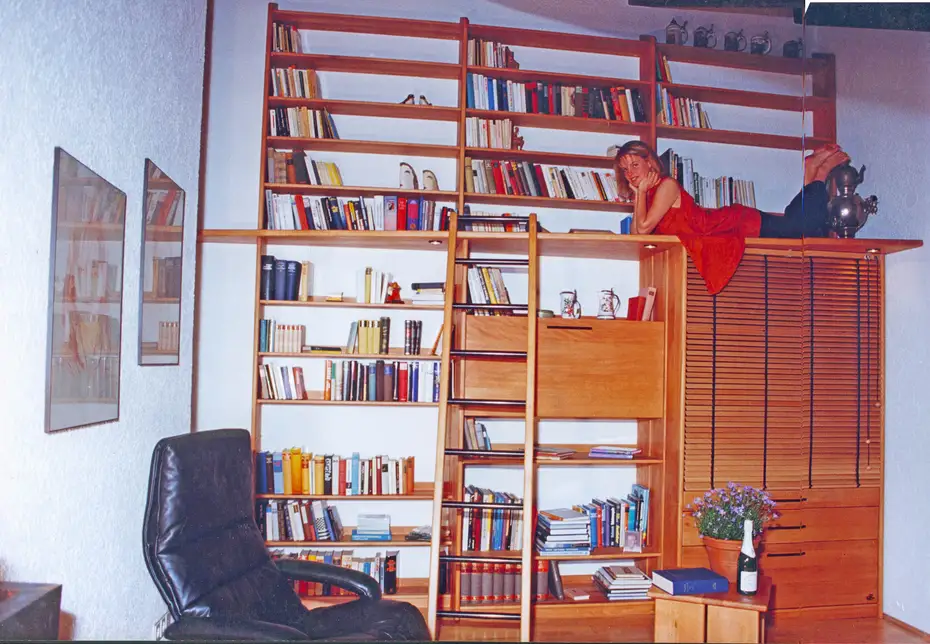 TV unsichtbar im Regal hinter Holzjalousie integriert TV unsichtbar im Regal hinter Holzjalousie integriert