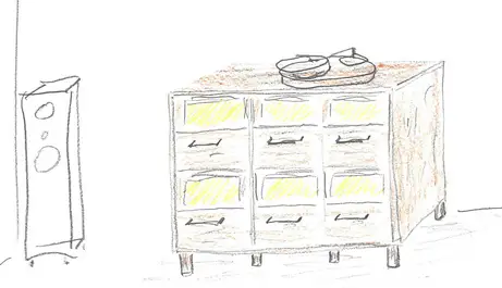 Skribble eines Schallplattenschrankes in Buche Skribble eines Schallplattenschrankes in Buche