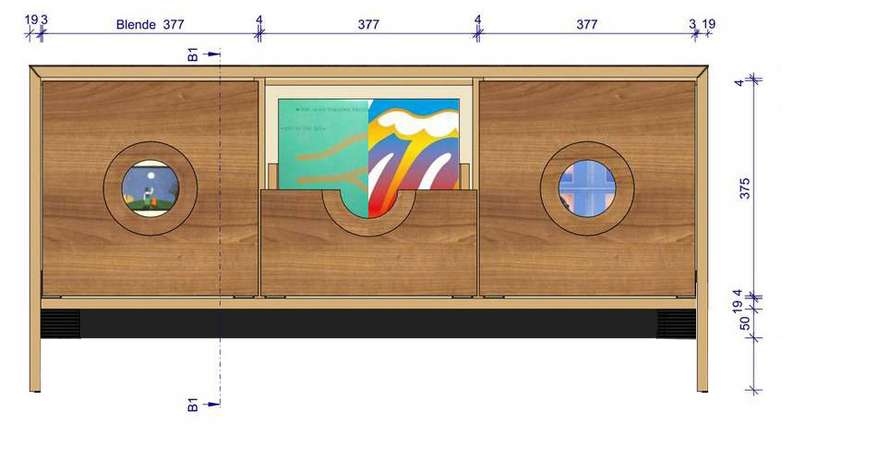 Schallplattenschrank aus Massivholz als Dreiercombi 