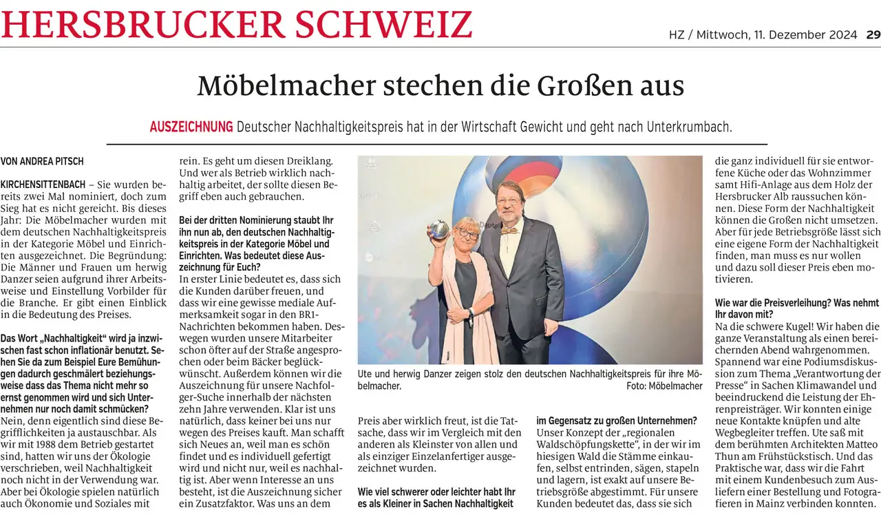 Die Möbelmacher gewinnen den Deutschen Nachhaltigkeitspreis und die Nürnberger Nachrichten berichten darüber 