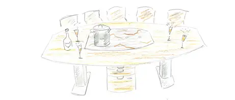 Höhenverstellbarer Konferenztisch mit integriertem aber unsichtbaren Kochfeld Höhenverstellbarer Konferenztisch mit integriertem aber unsichtbaren Kochfeld