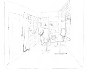 Erste Freihandzeichnungen der Bücherwand 