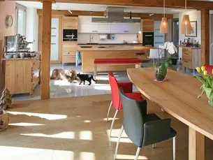 Massivholzküche aus heimischer Buche mit Hund und Katz