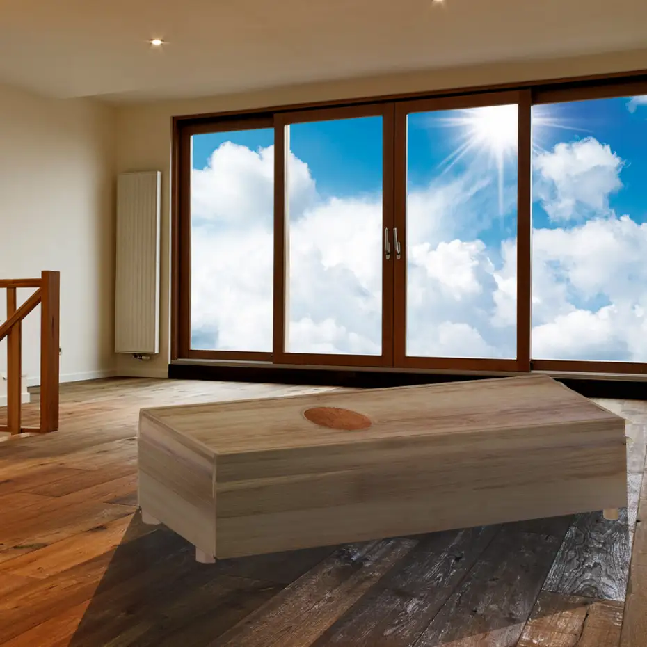 Möbelsarg in seiner Sargposition WEgen Model für Bürostühel und langfristige Planung für Ausstellungsküche Kochworkshop einladen