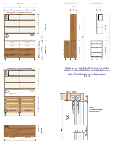 Fertig bemasster Plan des Bücherschrankes mit Glas-Schiebetüren