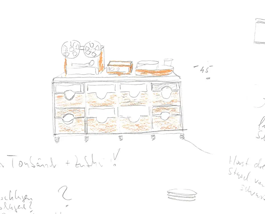 Freihandzeichnung des Plattenschrankes Freihandzeichnung des Plattenschrankes