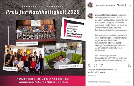 Nachhaltigkeitspreis der Lammsbräu 2020