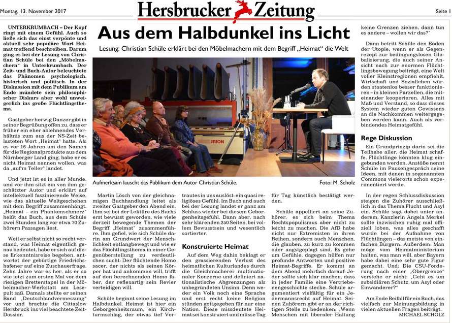 Hersbrucker Zeitung über die Lesung am Tag des Schreiners 