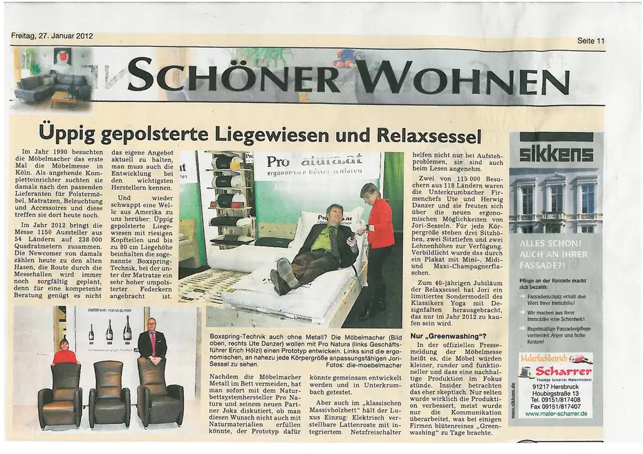 Zeitungsartikel über die Produkte von ProNatura Zeitungsartikel über die Möbelmesse