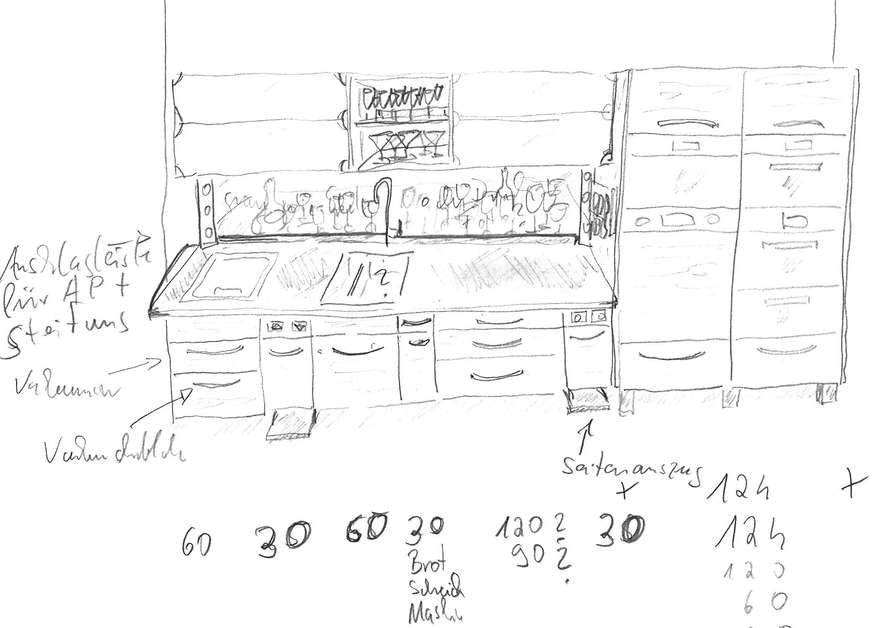 Zeichnung höhenverstellbare Küche aus Massivholz 